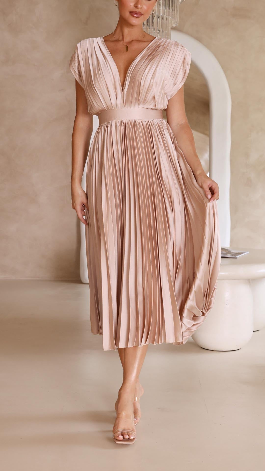 Elegant Pleated Satin Midi Dress for Women with V Neck Cap Sleeve Fitted Waist Flowing Style