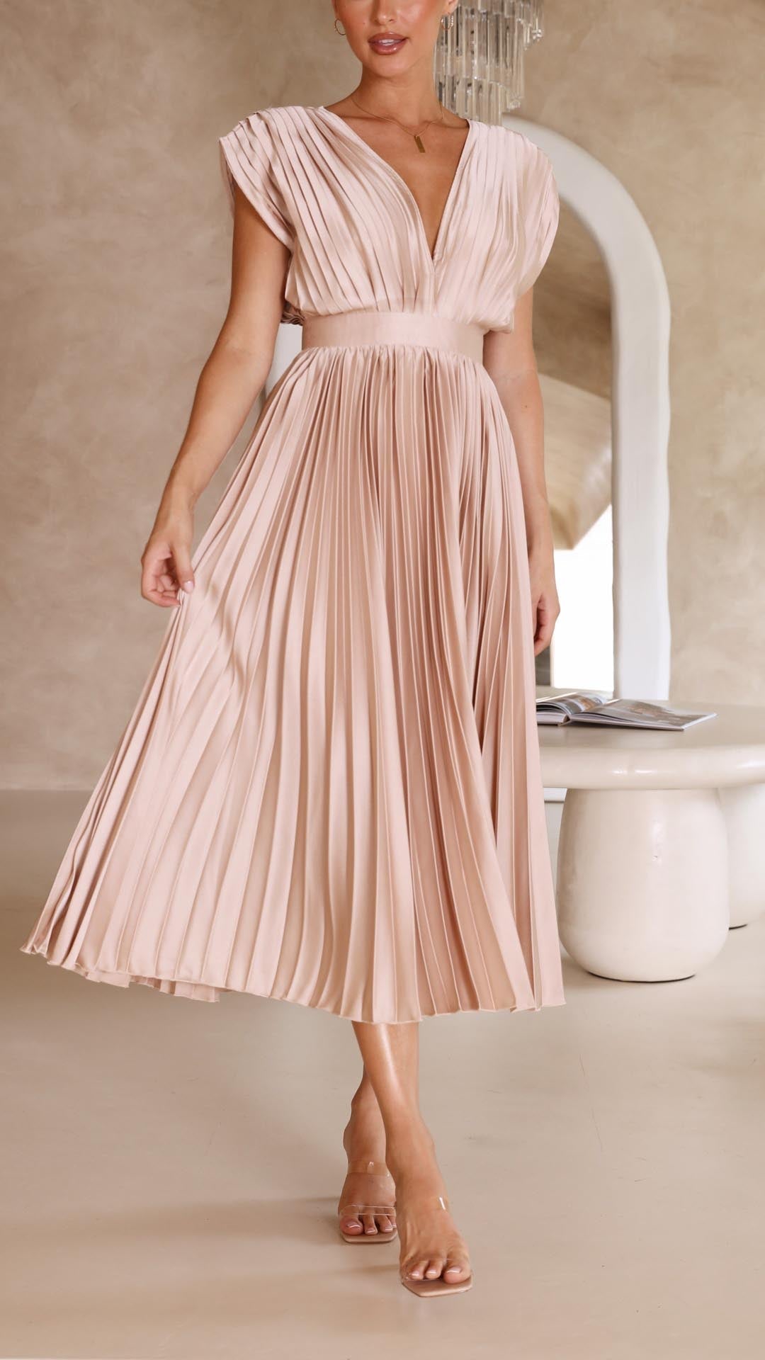 Elegant Pleated Satin Midi Dress for Women with V Neck Cap Sleeve Fitted Waist Flowing Style