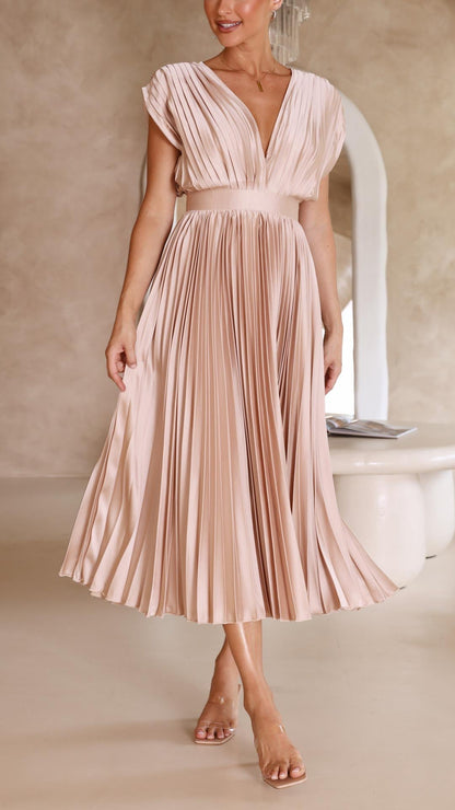Elegant Pleated Satin Midi Dress for Women with V Neck Cap Sleeve Fitted Waist Flowing Style