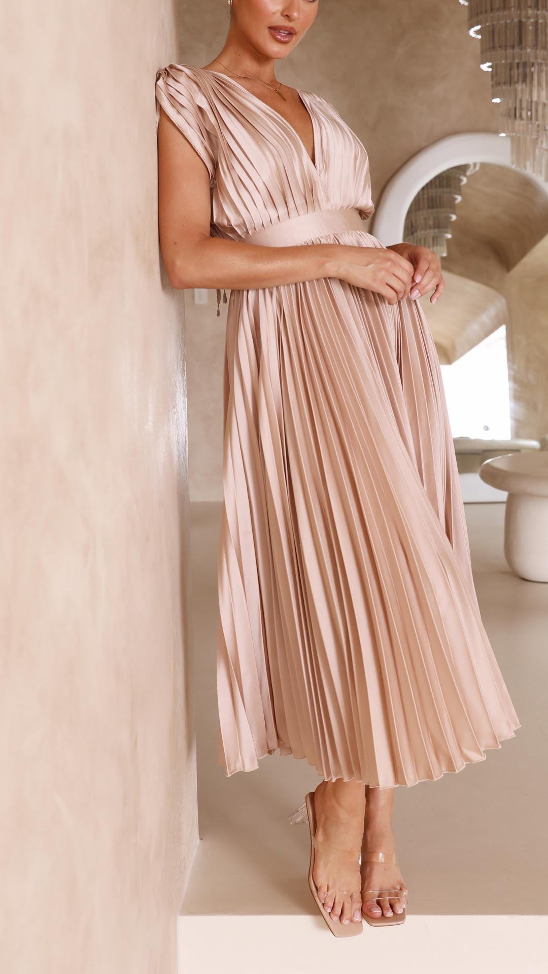 Elegant Pleated Satin Midi Dress for Women with V Neck Cap Sleeve Fitted Waist Flowing Style
