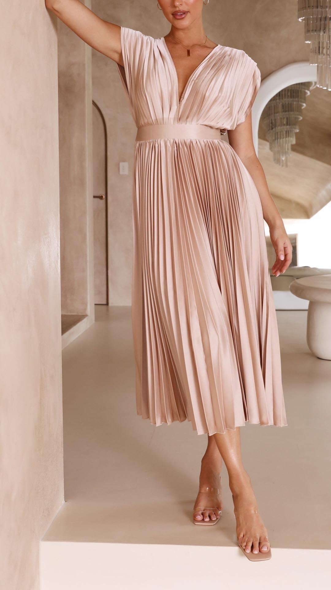 Elegant Pleated Satin Midi Dress for Women with V Neck Cap Sleeve Fitted Waist Flowing Style