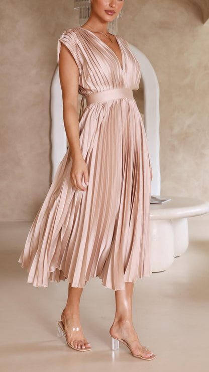 Elegant Pleated Satin Midi Dress for Women with V Neck Cap Sleeve Fitted Waist Flowing Style