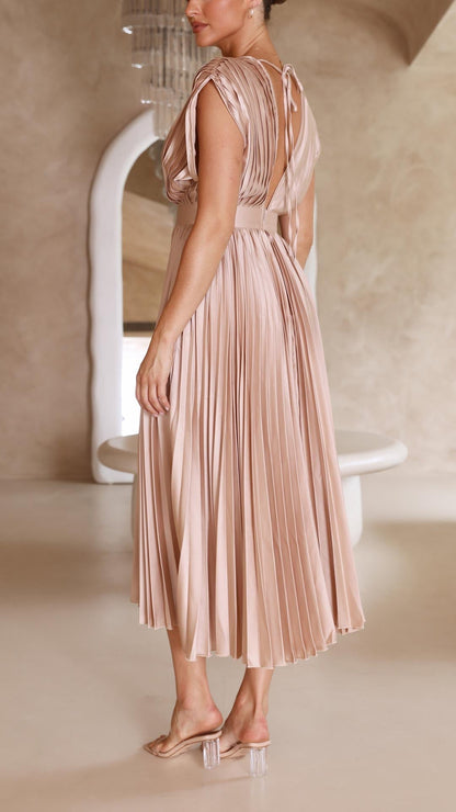 Elegant Pleated Satin Midi Dress for Women with V Neck Cap Sleeve Fitted Waist Flowing Style