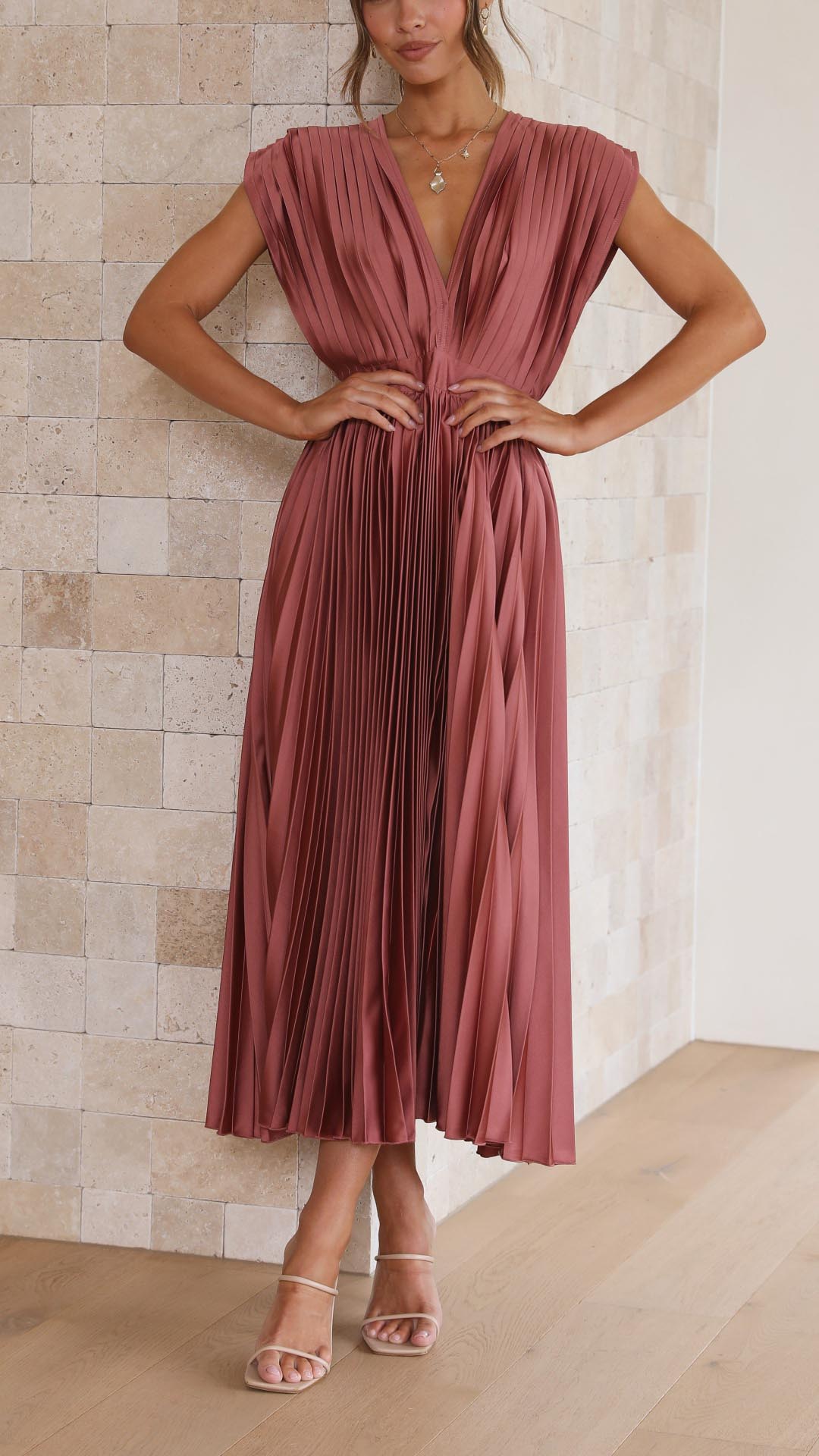Elegant Pleated Satin Midi Dress for Women with V Neck Cap Sleeve Fitted Waist Flowing Style