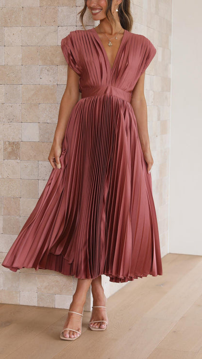 Elegant Pleated Satin Midi Dress for Women with V Neck Cap Sleeve Fitted Waist Flowing Style