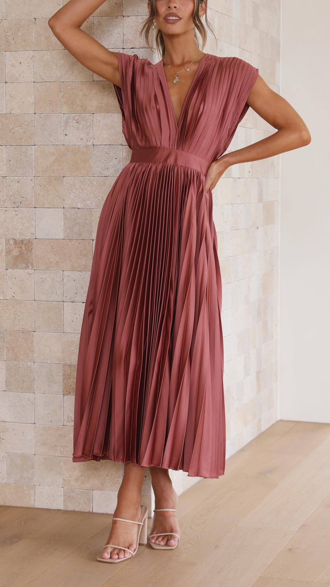 Elegant Pleated Satin Midi Dress for Women with V Neck Cap Sleeve Fitted Waist Flowing Style