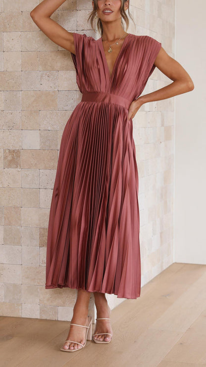 Elegant Pleated Satin Midi Dress for Women with V Neck Cap Sleeve Fitted Waist Flowing Style