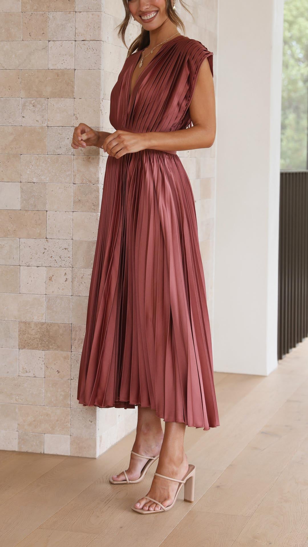 Elegant Pleated Satin Midi Dress for Women with V Neck Cap Sleeve Fitted Waist Flowing Style