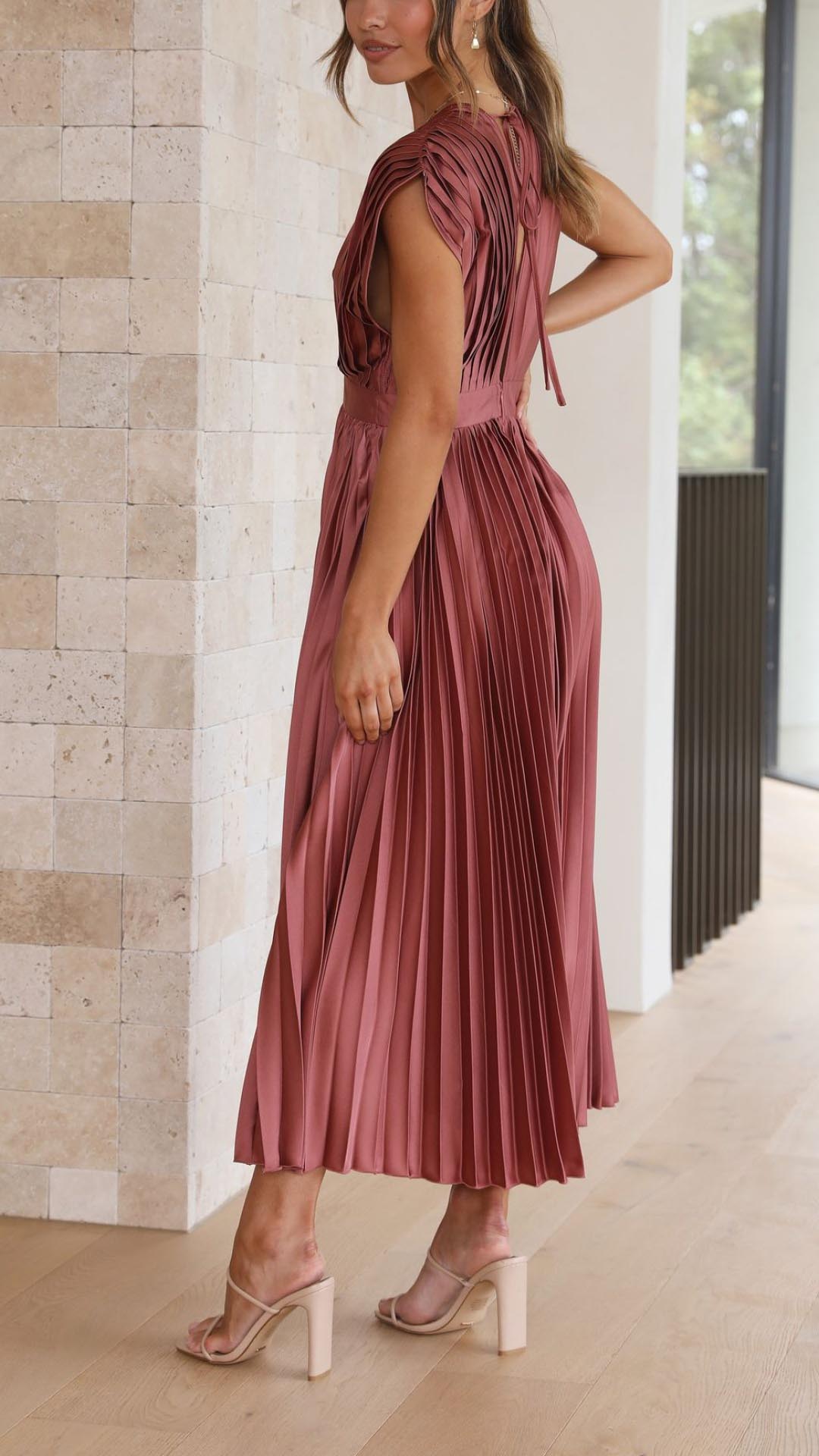 Elegant Pleated Satin Midi Dress for Women with V Neck Cap Sleeve Fitted Waist Flowing Style