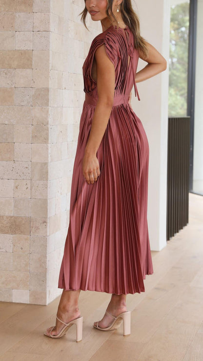 Elegant Pleated Satin Midi Dress for Women with V Neck Cap Sleeve Fitted Waist Flowing Style