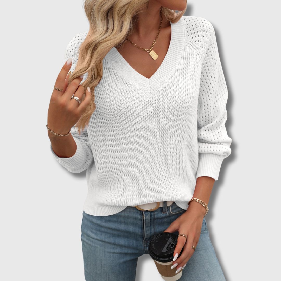 Comfortable Crochet Sweater for Women with V Neck Long Sleeve Openwork Relaxed Oversized Knit Style