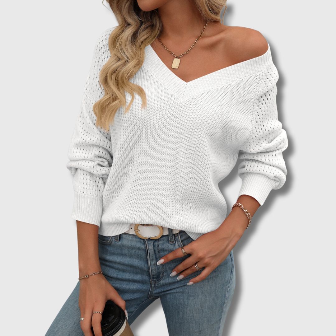 Comfortable Crochet Sweater for Women with V Neck Long Sleeve Openwork Relaxed Oversized Knit Style