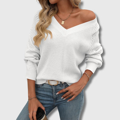Comfortable Crochet Sweater for Women with V Neck Long Sleeve Openwork Relaxed Oversized Knit Style