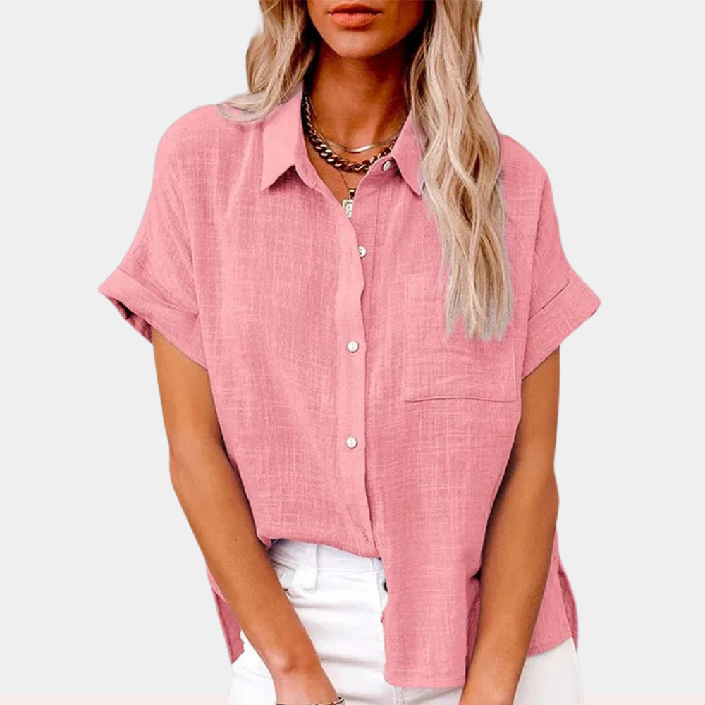 Effortless Linen Blouse for Women with Collar Short Sleeve High Low Hem Relaxed Style