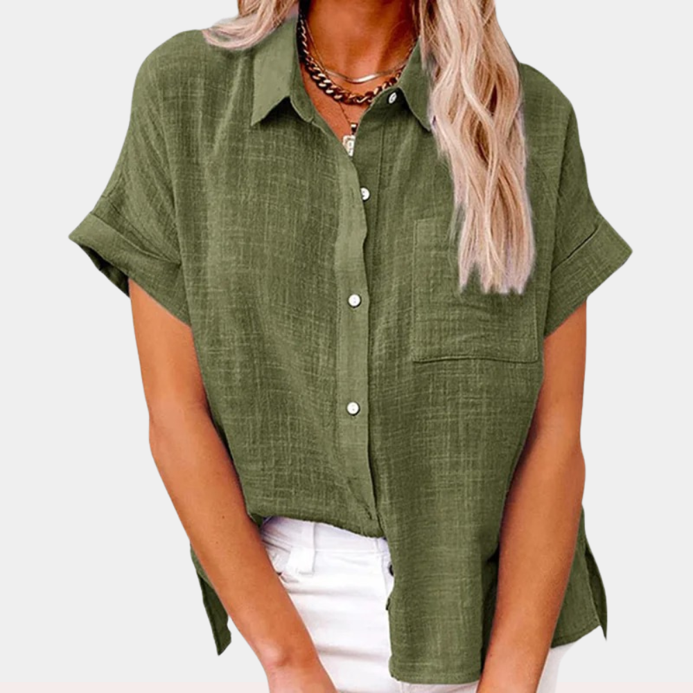 Effortless Linen Blouse for Women with Collar Short Sleeve High Low Hem Relaxed Style