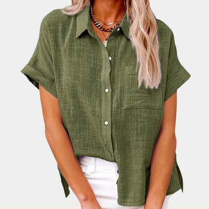 Effortless Linen Blouse for Women with Collar Short Sleeve High Low Hem Relaxed Style