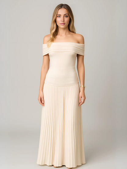 Elegant Pleated Maxi Dress for Women with Off Shoulder Short Sleeve Flowy Formal Wedding Guest Style