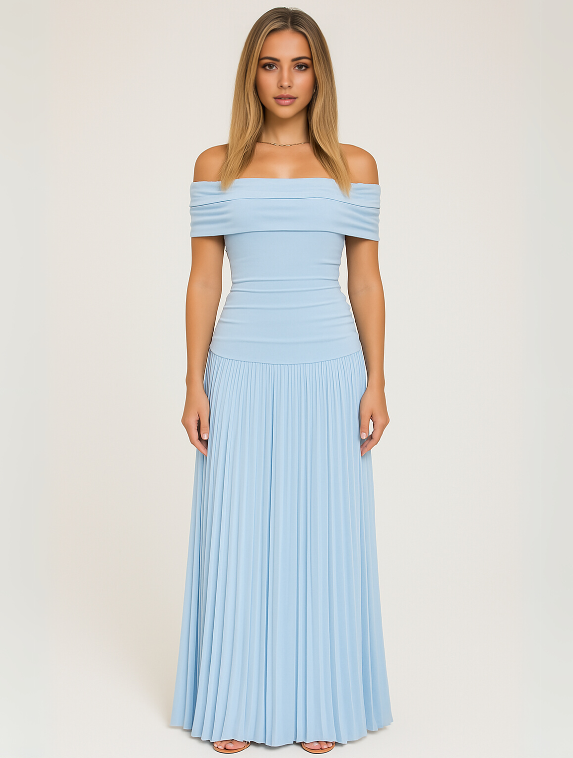 Elegant Pleated Maxi Dress for Women with Off Shoulder Short Sleeve Flowy Formal Wedding Guest Style