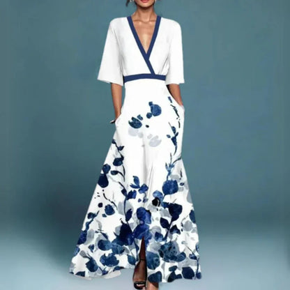 Effortless Floral Maxi Dress for Women with V Neck Kimono Sleeve Side Slit Flowing Style