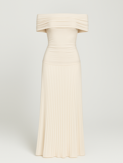 Elegant Pleated Maxi Dress for Women with Off Shoulder Short Sleeve Flowy Formal Wedding Guest Style