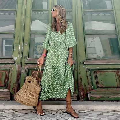 Effortless Floral Maxi Dress for Women with V Neck Bell Sleeve Tiered Flowing Bohemian Style