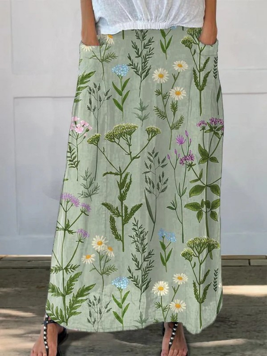 Effortless Sage Green Floral Maxi Skirt for Women with High Waist Side Pocket A Line Flowing Bohemian Style