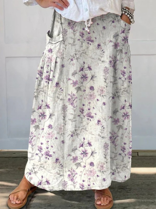 Effortless White Floral Maxi Skirt for Women with Drawstring Waist Pocket Flowing Bohemian Style
