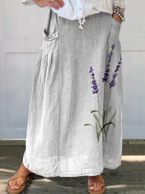 Effortless White Floral Linen Maxi Skirt for Women with Drawstring Waist Pocket Detail Flowing Bohemian Style