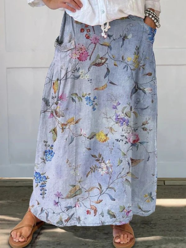 Elegant Violet Floral Maxi Skirt for Women with High Waist Drawstring Flowing Bohemian Style
