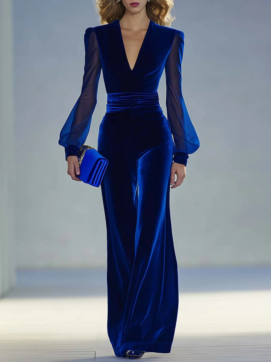 Elegant Velvet Jumpsuit for Women with V Neck Sheer Bishop Sleeve Wide Leg Ruched Waist Style