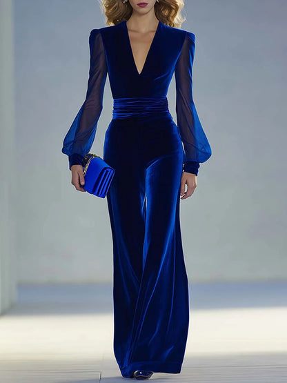 Elegant Velvet Jumpsuit for Women with V Neck Sheer Bishop Sleeve Wide Leg Ruched Waist Style