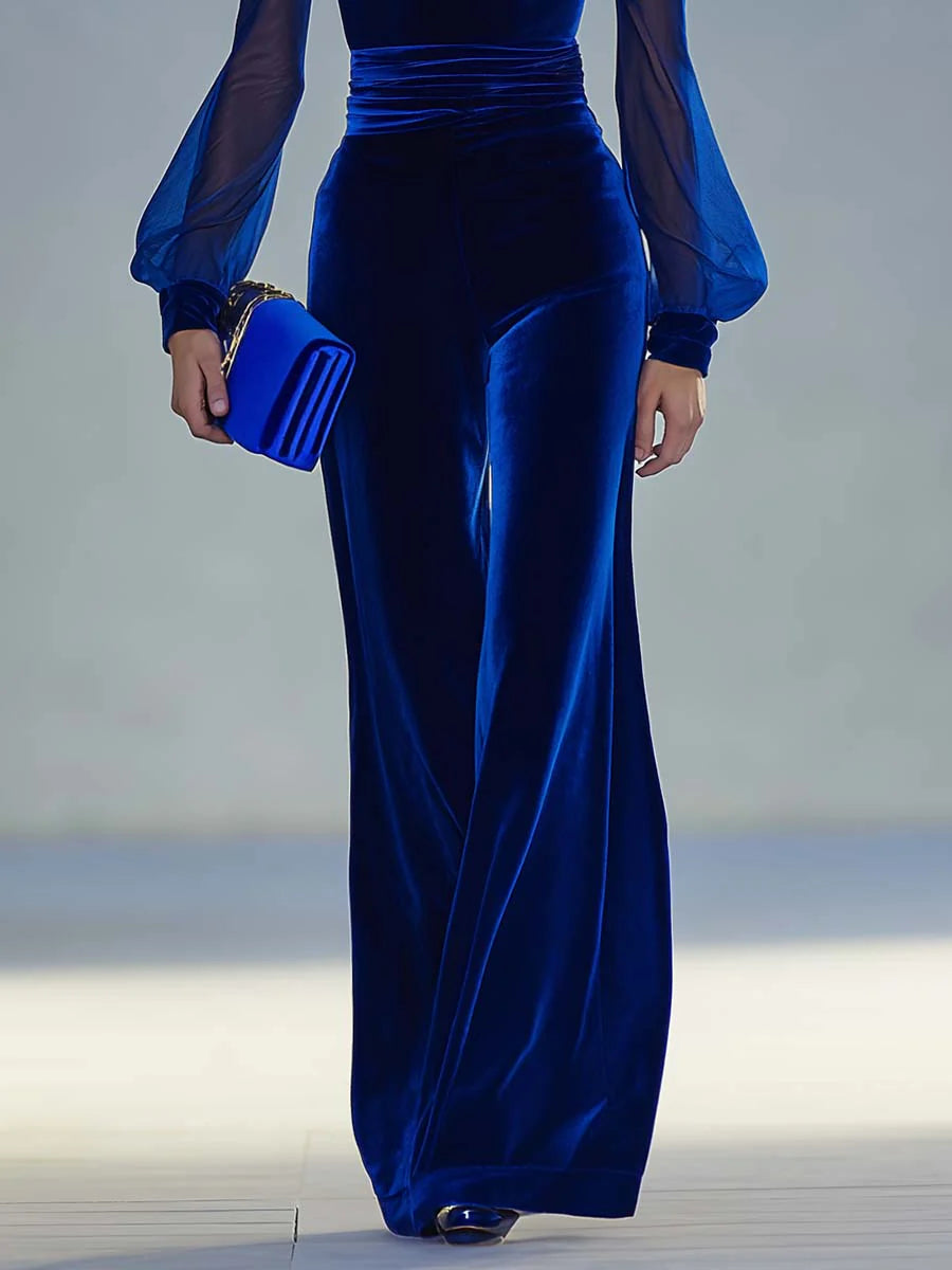 Elegant Velvet Jumpsuit for Women with V Neck Sheer Bishop Sleeve Wide Leg Ruched Waist Style