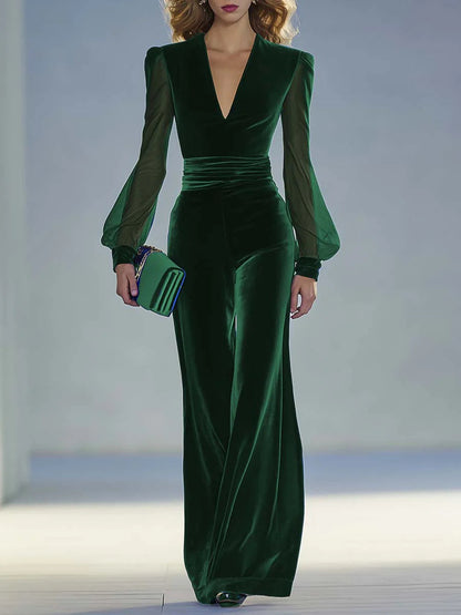 Elegant Velvet Jumpsuit for Women with V Neck Sheer Bishop Sleeve Wide Leg Ruched Waist Style