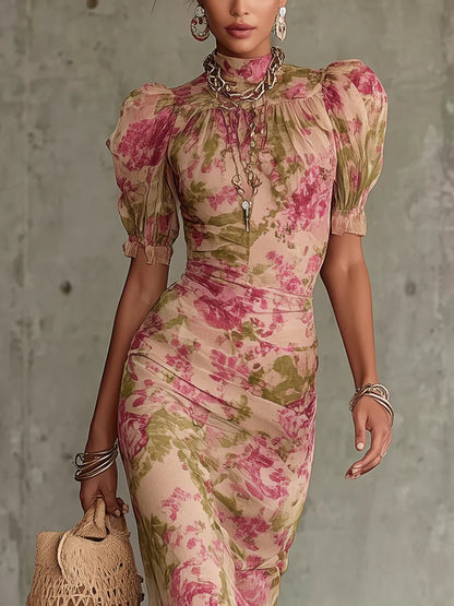Elegant Pink Floral Maxi Dress for Women with High Ruffle Neck Mermaid Ruffle Hem Formal Wedding Guest Style