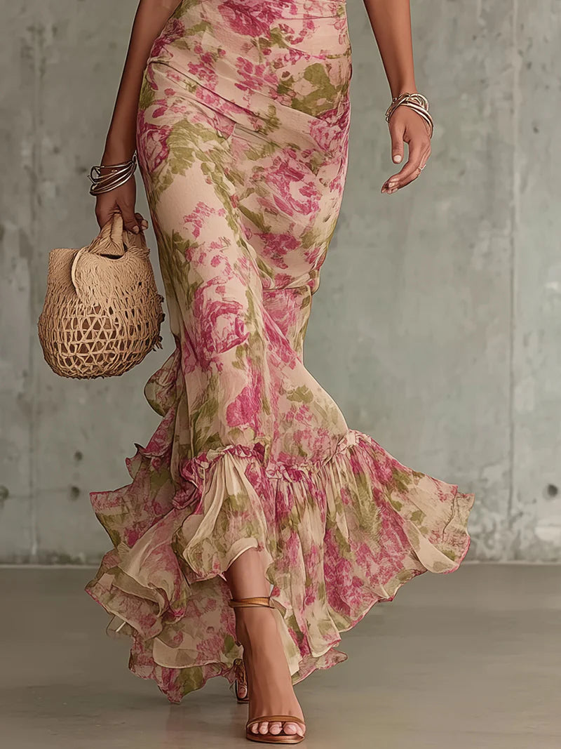 Elegant Pink Floral Maxi Dress for Women with High Ruffle Neck Mermaid Ruffle Hem Formal Wedding Guest Style