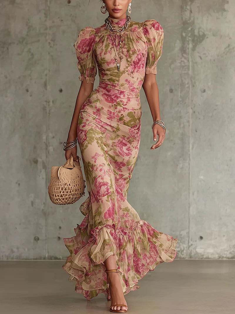 Elegant Pink Floral Maxi Dress for Women with High Neck Puff Sleeve Ruffled Mermaid Style