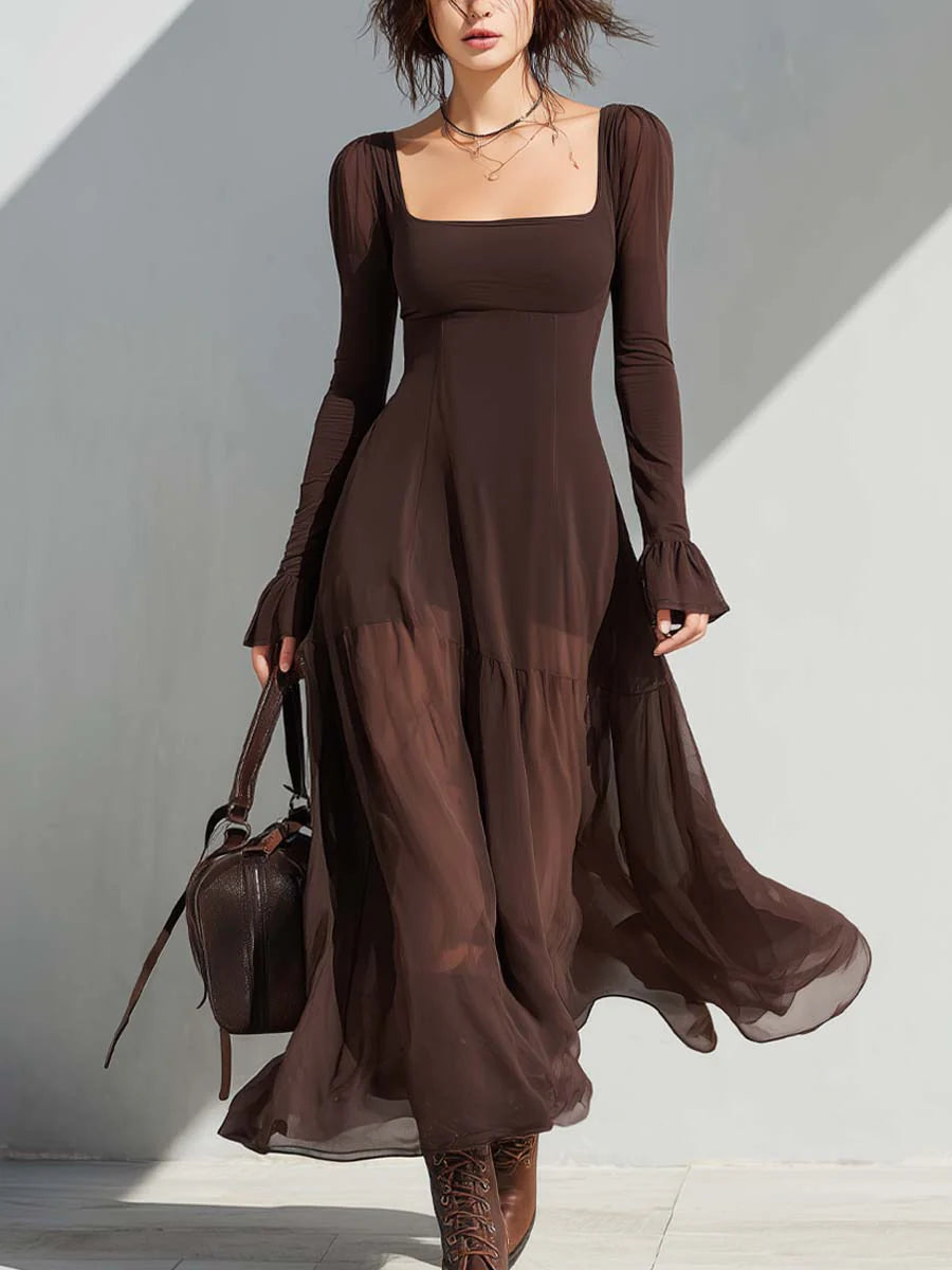 Effortless Brown Chiffon Maxi Dress for Women with Square Neck Long Sleeve Tiered Flowing Formal Wedding Guest Style
