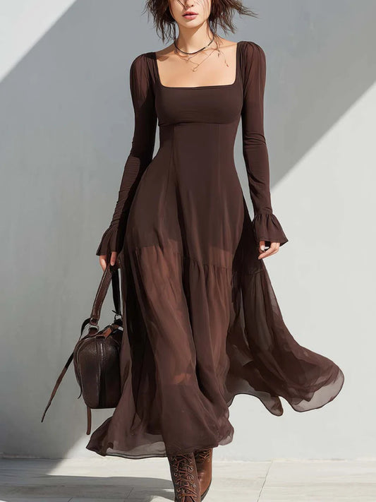 Effortless Brown Chiffon Maxi Dress for Women with Square Neck Long Sleeve Tiered Flowing Formal Wedding Guest Style