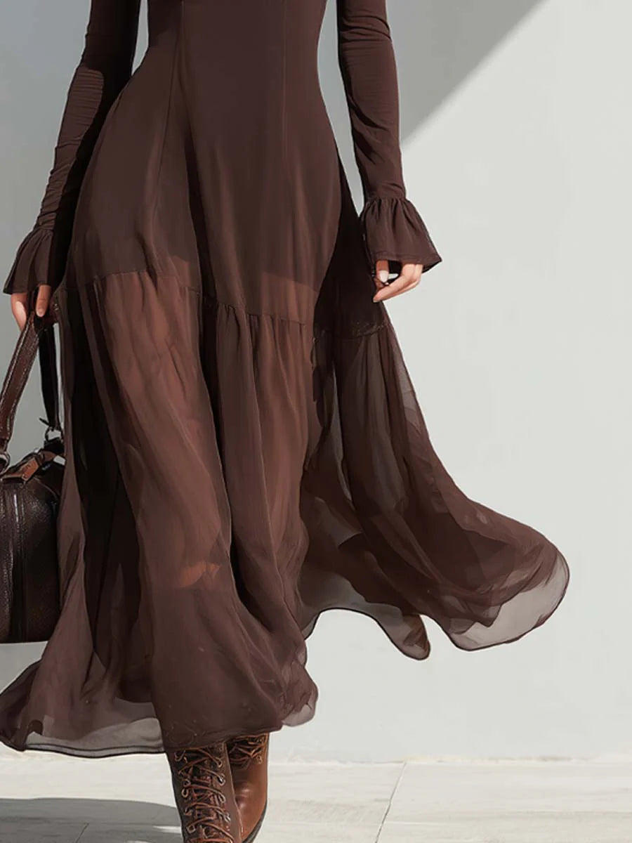 Effortless Brown Chiffon Maxi Dress for Women with Square Neck Long Sleeve Tiered Flowing Formal Wedding Guest Style