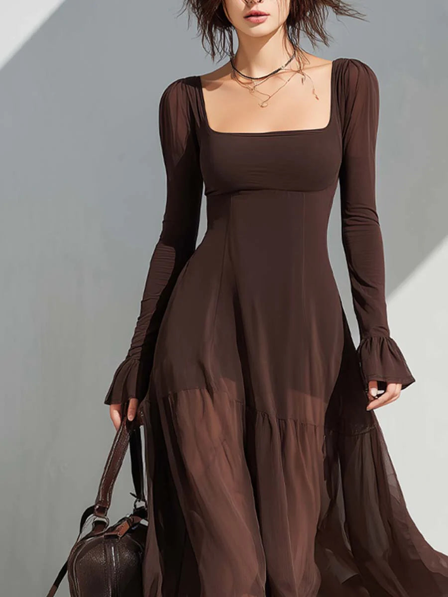 Effortless Brown Chiffon Maxi Dress for Women with Square Neck Long Sleeve Tiered Flowing Formal Wedding Guest Style