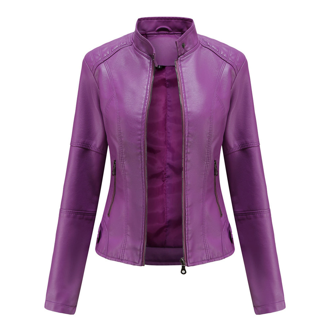 Elegant Faux Leather Moto Jacket for Women with Stand Collar Long Sleeve Zip Front Fitted Style