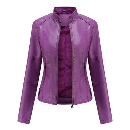 Elegant Faux Leather Moto Jacket for Women with Stand Collar Long Sleeve Zip Front Fitted Style
