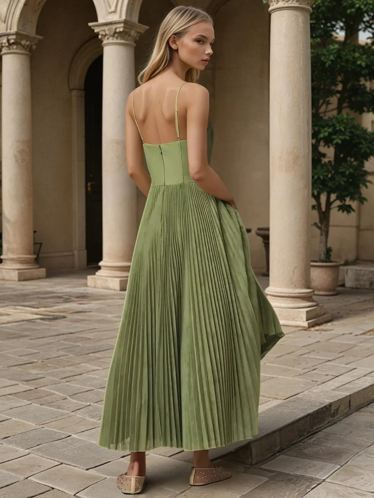 Elegant Olive Green Maxi Dress for Women with Sweetheart Corset Bodice Flowy Skirt Formal Wedding Guest Style