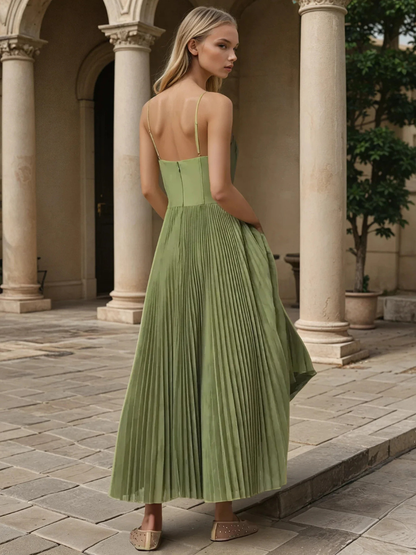 Elegant Olive Green Maxi Dress for Women with Sweetheart Corset Bodice Flowy Skirt Formal Wedding Guest Style