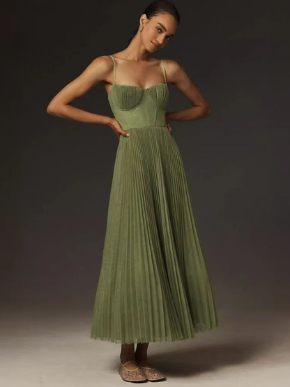 Elegant Olive Green Maxi Dress for Women with Sweetheart Corset Bodice Flowy Skirt Formal Wedding Guest Style