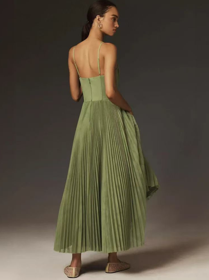 Elegant Olive Green Maxi Dress for Women with Sweetheart Corset Bodice Flowy Skirt Formal Wedding Guest Style
