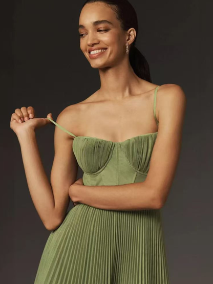 Elegant Olive Green Maxi Dress for Women with Sweetheart Corset Bodice Flowy Skirt Formal Wedding Guest Style