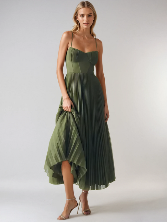 Elegant Olive Green Maxi Dress for Women with Sweetheart Corset Bodice Flowy Skirt Formal Wedding Guest Style