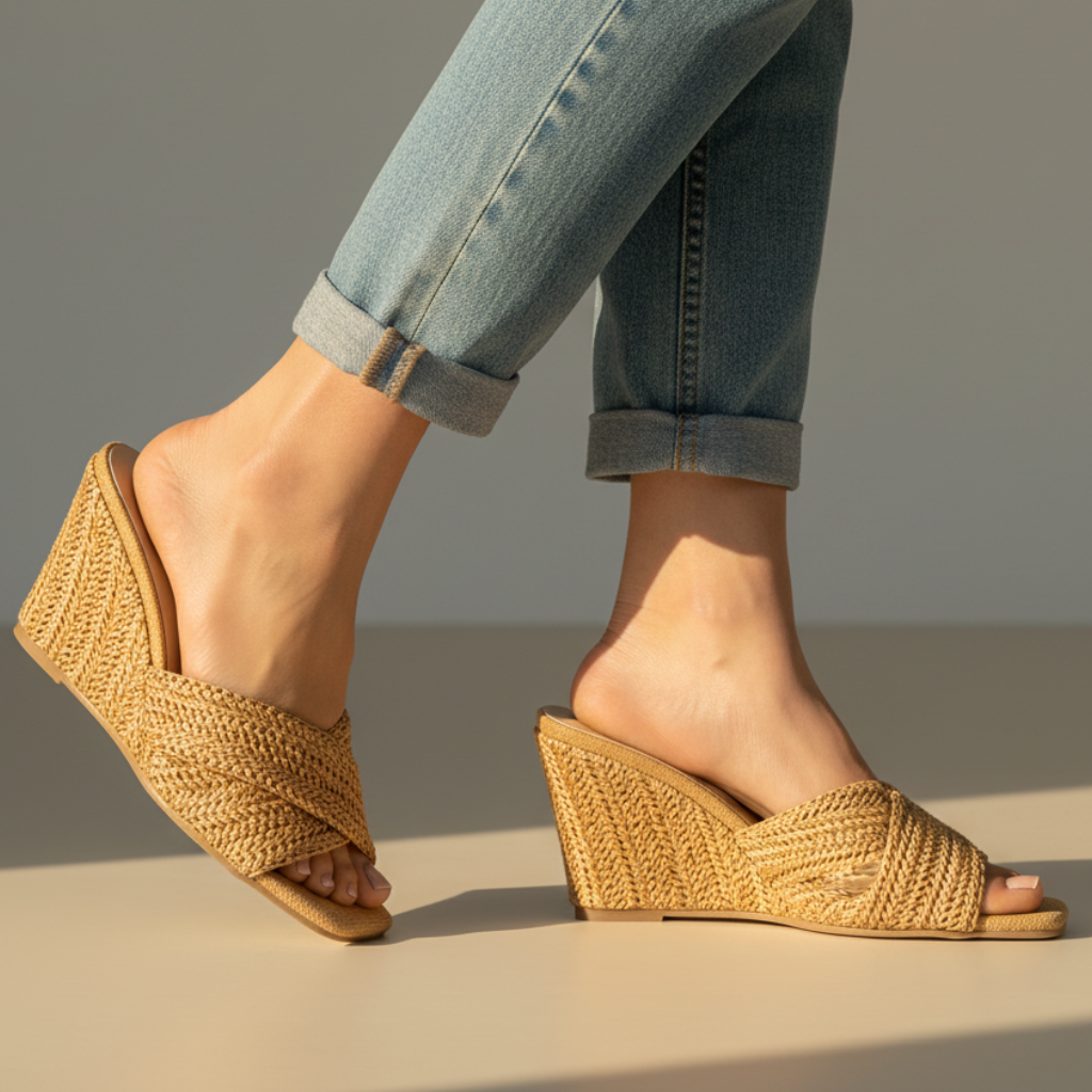 Effortless Woven Raffia Wedge Sandal for Women with Crisscross Open Toe Slip On Slide Style