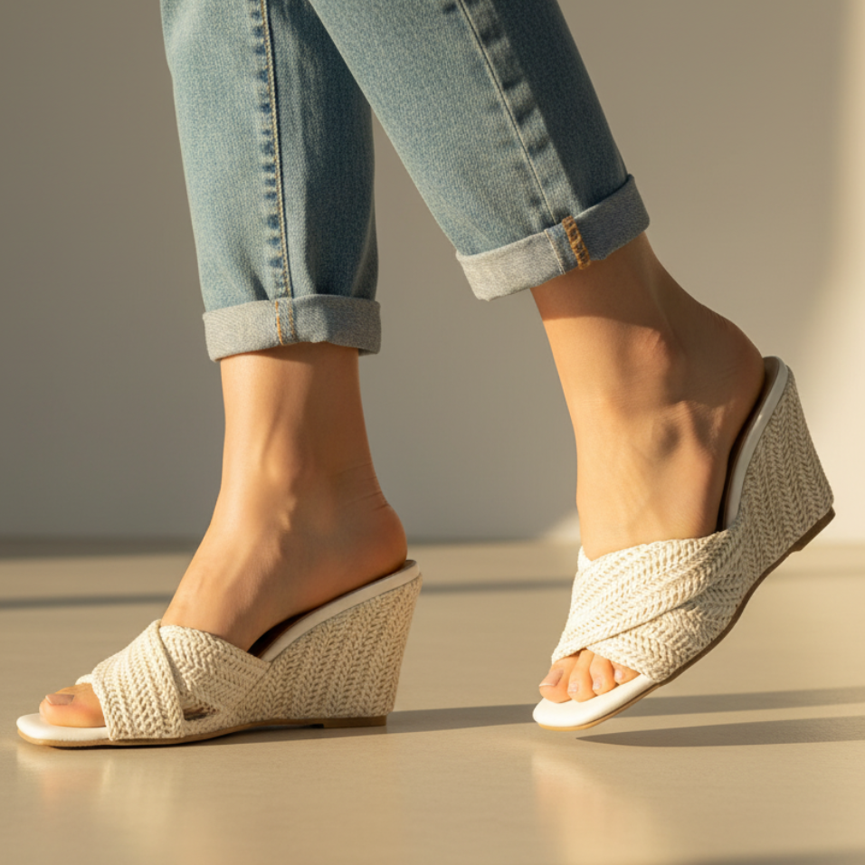 Effortless Woven Raffia Wedge Sandal for Women with Crisscross Open Toe Slip On Slide Style